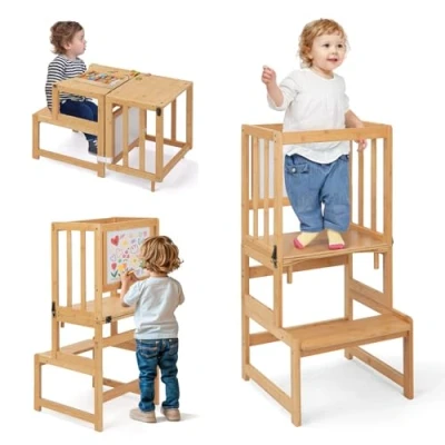 Imagen de COSYLAND Torre de Aprendizaje 3 en 1 Madera para Niños Convertible Escritorio Infantil y con Pizarra Dibujar 18 Meses a 6 Años Cocina Natural