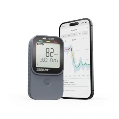 Imagen de Airthings 325 Corentium Home 2 Detector de radón digital inteligente, portátil y fácil usar con conectividad Bluetooth sensores adicionales humedad temperatura