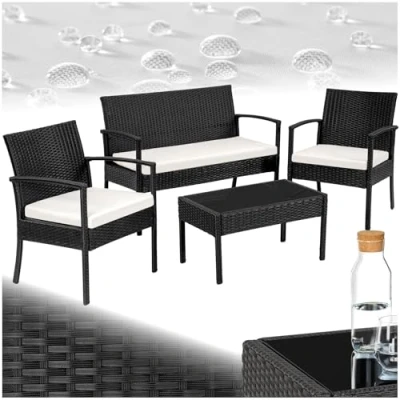 Imagen de TecTake® Conjunto Jardín Exterior de Ratán y Aluminio, Muebles Resistentes a Rayos UV, 2 Sillones, 1 Sofá, Mesa Cristal, con Cojines 10 cm Juegos Fundas Negro/marrón