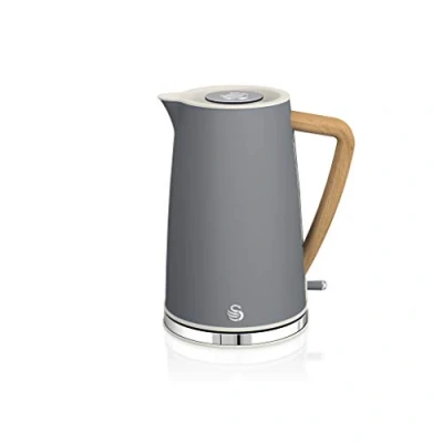 Imagen de Swan Nordic Hervidor de agua eléctrico ultra rápido, inalámbrico sin cable, diseño moderno, 1,7 l, 2200 W, asa efecto madera, apagado automático, gris