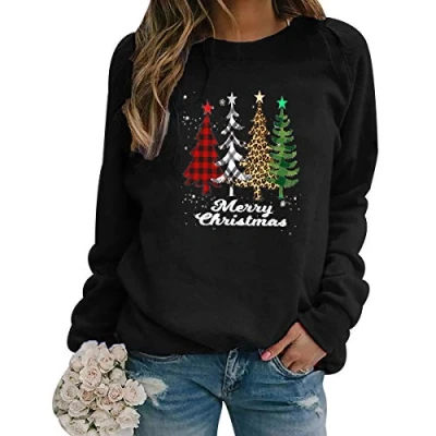 Imagen de Sudadera Navidad Mujer Jersey Arbol Navideño Feo Sudaderas Navideñas Divertido Pullover Ugly Jerseys Navideños Adolescente Chica Navideña Talla Grande Sueter Negro XL