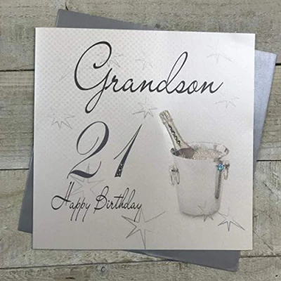 Imagen de White Cotton Cards XLWBGS21 Tarjeta de felicitación para cumpleaños Nieto, diseño Cubo con Botella champán y Texto Grandson 21 Happy Birthday