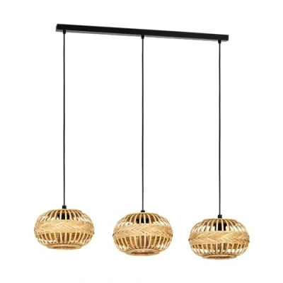 Imagen de EGLO Amsfield lámpara colgante de 1 o 3 luces, sobre mesa comedor, metal negro y bambú marrón, madera con casquillo E27, L 96 cm