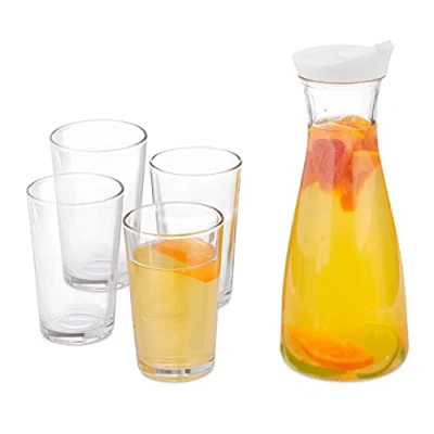 Imagen de Relaxdays Set Jarra de Vidrio con Vasos, Garrafa Cristal Tapa y Boquilla, 1 Litro, 4 Vasitos 220 ml, Transparente, 5 Piezas
