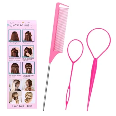 Imagen de 3 Piezas Cabello Pull Aguja, Cinta para El pelo, Ayuda Peinado, Herramientas Cola de Caballo, Aguja Pelo moño Niñas Moda DIY Mujer