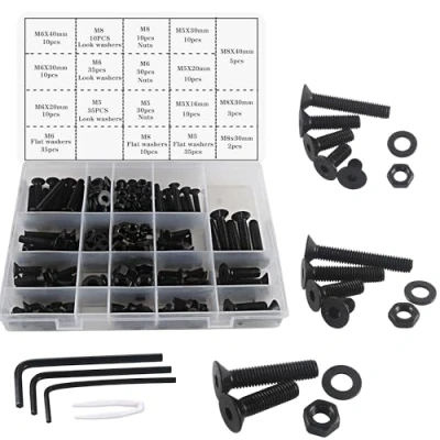Imagen de huruirui M5 M6 M8 Tornillo de Cabeza Plana Negro Tornillos Hexagonales con Tuercas y Arandelas Juego Surtido, Kit Bloqueo para Máquina Roscar 310piezas