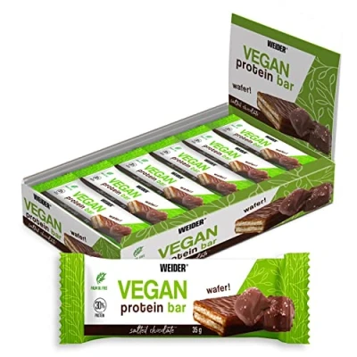Imagen de Weider Vegan Protein Bar (12 x 35 g) Sabor Chocolate al toque de Sal, Barrita Barquillo Crujiente con 30% Proteína Guisante y Arroz, 100% Vegano, Cobertura Negro, Sin aceite palma