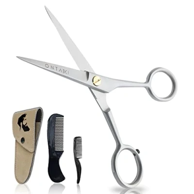 Imagen de ONTAKI tijeras profesionales de acero alemán para barba y bigote, forjadas a mano con bolsa transporte, borde biselado perfecto el cabello facial (plata) 12,7 cm
