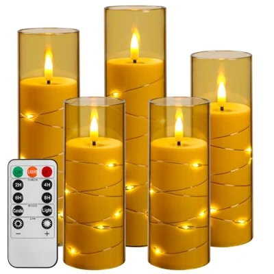 Imagen de Da by vela LED con guirnalda de luces, a pilas mando distancia y temporizador 24 horas, sin llama para decoración interiores (Dorado, juego 5)