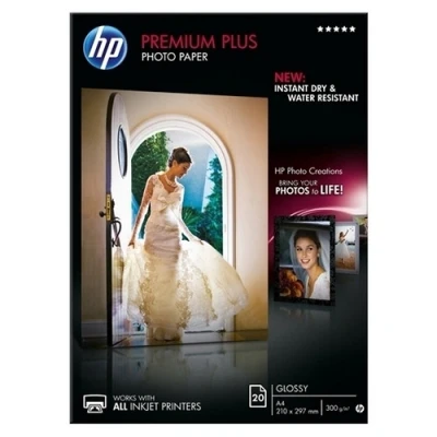 Imagen de HP Premium Plus Photo Paper, CR672A, 20 hojas de papel fotográfico brillante avanzado, compatible con impresoras inyección tinta, A4, peso del material impresión 300 g/m²