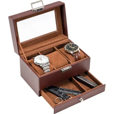 Imagen de Procase Caja de Relojes 3 Ranuras con Cajón, Funda Organizadora Reloj 2 capas Tapa Cristal, Estuche Almacenamiento para Hombres y Mujeres Marrón