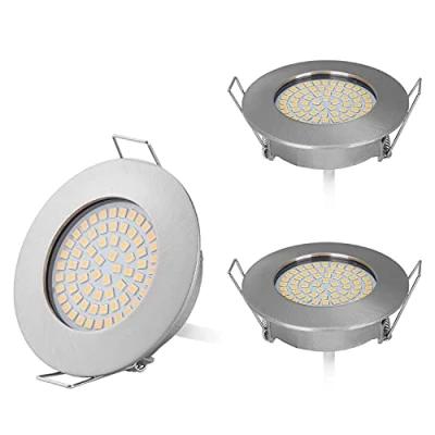 Imagen de HCFEI Juego de 3 focos LED empotrables diseño plano, 230 V, solo 28 mm, 400 lúmenes, 3,5 W, acero inoxidable cepillado, orificio 65 68 mm (blanco cálido 3000 K)