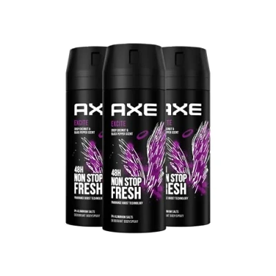 Imagen de Axe Spray corporal Excite desodorante sin aluminio proporciona una protección eficaz contra el olor durante 48 horas, 3 x 150 ml