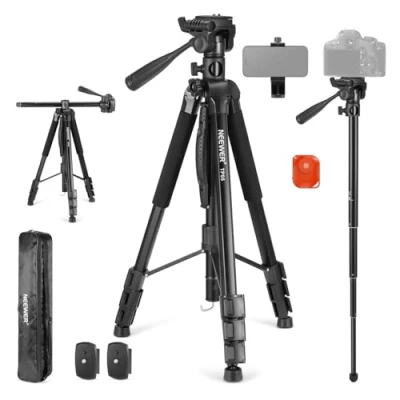 Imagen de NEEWER 74.4&quot; Trípode Monopie Básico Video Cabezal y 3 Vías Manija Pan Tilt Remoto, Cámara Superior Eje Central Horizontal, Soporte Teléfono DSLR, iPhone, Telescopio,Proyector,Carga 17.6lb,TP05