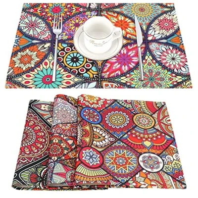 Imagen de Manteles Individuales Mandala Juego De 4 Adornos Étnicos Boho Folk Lino Patrón Floral Tribal Mantel Individual Lavable Rectangular Impermeable Decoración Comedor 45 X 32 Cm