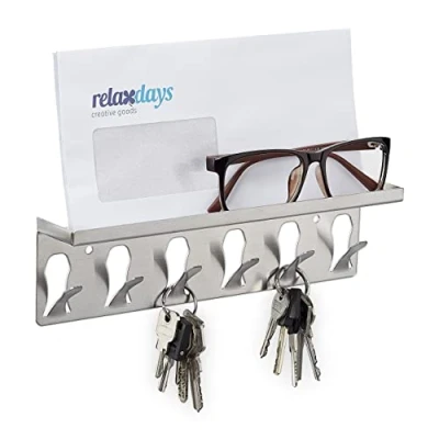 Imagen de Relaxdays Silbernes Schlüsselbrett Colgador de Llaves, 6 Ganchos y Balda, Diseño Moderno, 7 x 24,5 5 cm, Acero, Pasillo o Recibidor, Plateado, Inoxidable
