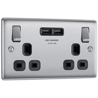 Imagen de BG Electrical Enchufe, 13A, 2x toma de corriente con carga USB, Blanco