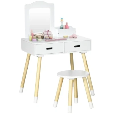 Imagen de ZONEKIZ Tocador para Niñas de Madera Infantil con Taburete y Espejo Centro Belleza 2 Cajones Juguete Educativo 3 6 Años 60x40x95 cm Blanco