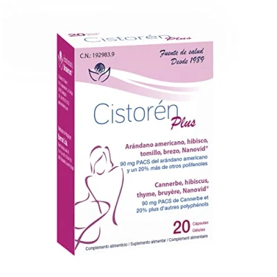Imagen de Cistorén Plus 20 cápsulas Herbetom Bioserum Con arándano americano, hibisco, tomillo, brezo y Nanovid Infección vías urinarias