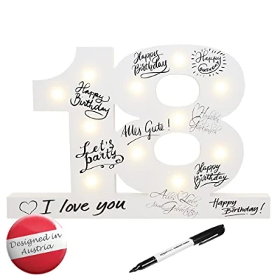 Imagen de CREOFANT ® XL Gästebuch 18 Geburtstag Deko mit LED Beleuchtung 37 cm x 24 · Tischdeko Geschenkidee 18. Geburtstagsgeschenk Batteriebetrieben inkl. Stift schwarz