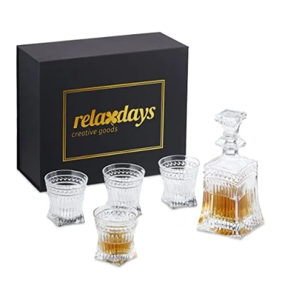 Imagen de Relaxdays Set de Whisky, 5 Piezas, Decantador 500 ml, 4 Vasos 240 Licorera Cristal, Caja Regalo, Transparente, 9 Centimeters cm