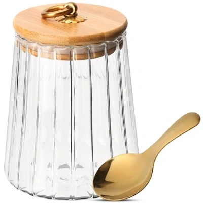 Imagen de BELLE VOUS Bote Cristal con Tapa Tarro 650ml Hermetico de Vidrio Borosilicato Acanalado Incluye Cuchara Para Té Cafe Pasta Cereales Azucar