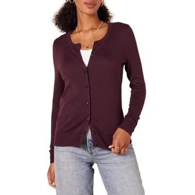 Imagen de Amazon Essentials Jersey Cárdigan de Cuello a La Caja Ligero (Disponible en Tallas Grandes) Mujer, Burdeos, XL