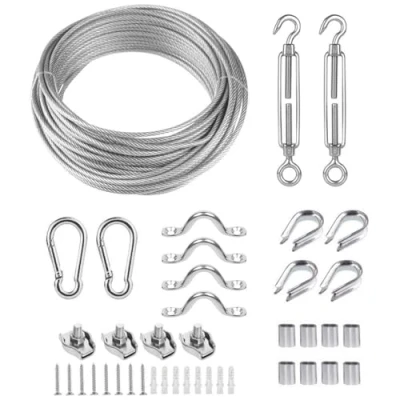 Imagen de TooTaci 20M Cuerda de Acero Inoxidable Suspensión Kit,3mm recubierto PVC alambre cable Inoxidable, con Tensor y Ganchos, para Colgar Luces, Fotos,Toldos, Tendedero