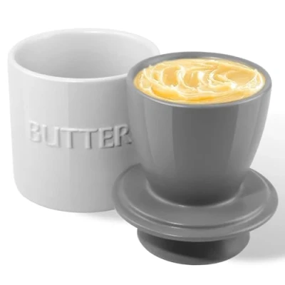Imagen de QIAMO Mantequillera de cerámica francesa con tapa, campana porcelana, color gris línea flotación, para mantequilla blanda (blanco)
