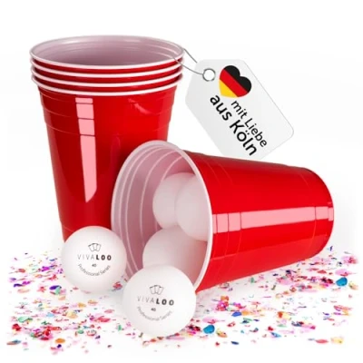 Imagen de VIVALOO 100 Vasos de fiesta reutilizables incl. 12 bolas bebida tamaño original 16oz (473ml) plástico rojo aptos para lavavajillas