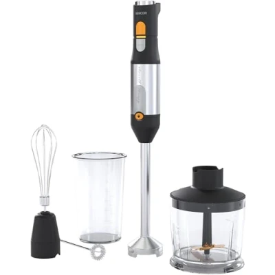 Imagen de Sencor Batidora Mano Multifuncional Ultra Potente 1200W, con Batidor, Picadora y Espumador, Cuchillas Quad Blades de Acero Inoxidable, Control Continuo Velocidad, Diseño Ergonómico Negro