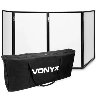Imagen de Vonyx DB2 Pantalla DJ Profesional 4 Paneles Plegables de 70x120 cm, Incluye Paños Lycra Blancos y Bolsa Transporte, Acero Negro, Diseño Compacto para DJs Móviles Eventos