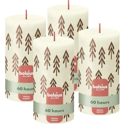 Imagen de Bolsius Velas rústicas con diseño de silueta, marfil impresión, 4 unidades, 13 x 7 cm, larga duración combustión, vela doméstica, contiene cera vegetal natural, sin aceite palma
