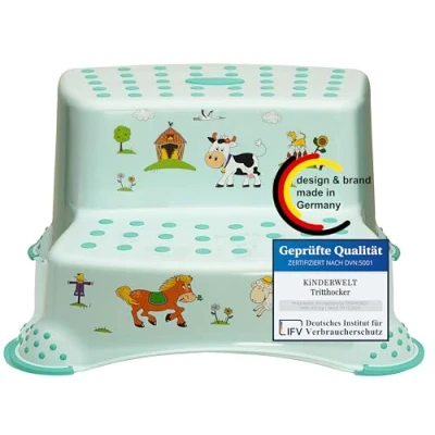 Imagen de KINDERWELT Taburete de dos escalones Premium estable color aguamarina Funny Farm con función antideslizante