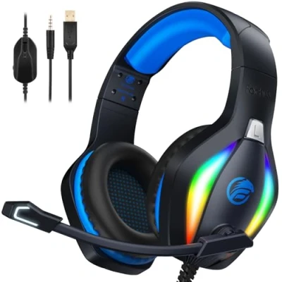 Imagen de Fachixy 「2024 New」 FC100 Cascos Gaming para PS4/PS5/PC/Xbox One/Switch, Auriculares Cancelación de Ruido, con Microfono Estéreo Sonido, PS4 3.5mm Jack Luz RGB (Azul)