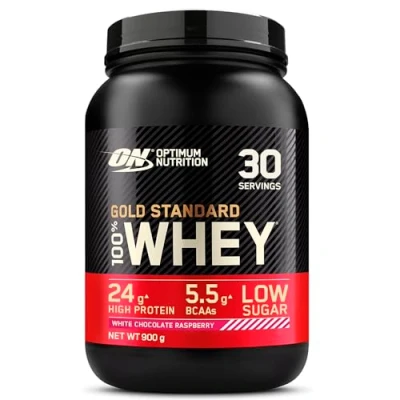 Imagen de Optimum Nutrition Gold Standard 100% Whey, Proteína en Polvo con Glutamina Natural y Aminoácidos BCAA, Sabor Frambuesa Chocolate Blanco, 30 Dosis, 900 g