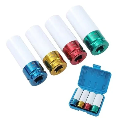 Imagen de KATSU 1/2&quot; Juego de Vasos Impacto con Protectores para Llantas Aluminio 4 Piezas 17, 19, 21, 22mm, Acero al Cromo Molibdeno, 85 mm Longitud, Reparación Automática Garaje