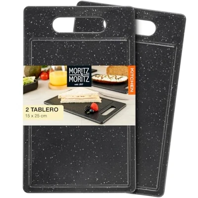 Imagen de Moritz &amp; 2 tablas de cortar plástico con surco en aspecto granito, 25 x 15 cm, sin BPA, tabla desayuno, juego higiénico y apto para lavavajillas