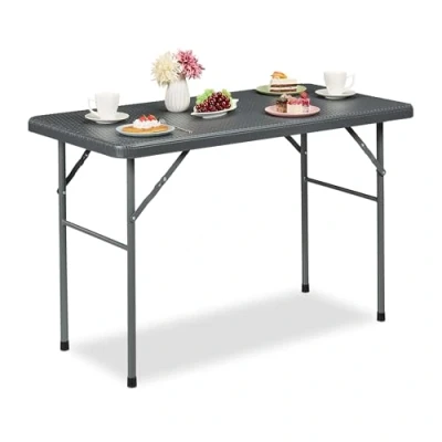 Imagen de Relaxdays Mesa Jardín Efecto Ratán, Plegable, Rectangular, Resistente, Plástico y Acero, 74 x 121,5 61 cm, Gris