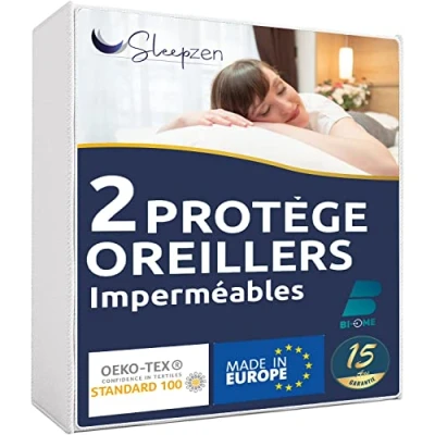 Imagen de SLEEPZEN Protector de Almohada 30 x 50 cm Impermeable, Juego 2, Fabricado en España, Vellón algodón Reciclado GRS® Soft Silent con Certificación Oeko Tex, Funda Exterior, Garantía 15 años