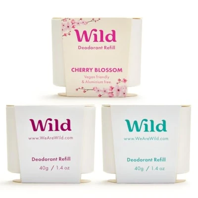 Imagen de Wild Desodorante Natural Recargable Sin Aluminio Pack Variado de Recargas Incluye Esencias Fresh Cotton &amp; Sea Salt, Cherry Blossom y Coconut Vanilla Protección larga duración