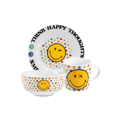 Imagen de United Labels Smileyworld Juego de desayuno infantil con diseño cara sonriente, vajilla porcelana, 3 piezas, plato, cuenco y taza, apto para lavavajillas microondas
