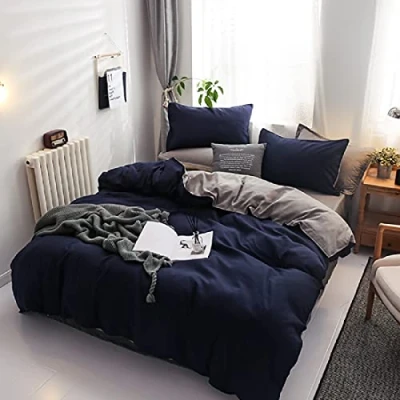 Imagen de Gezu Juego de funda nórdica (240 x 260 cm), color azul marino y gris liso, reversible 2 fundas almohada 65 cm con cremallera