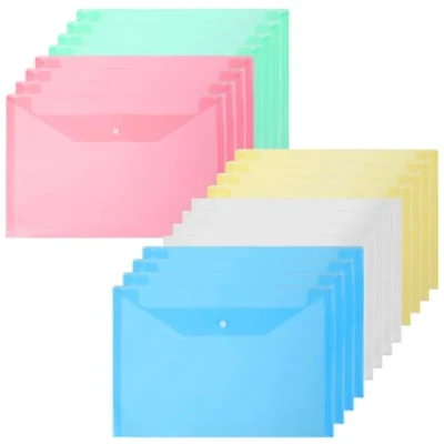 Imagen de Vicloon Carpetas para Archivo, 15Pcs de Plástico A4 Bolsas Documentos con Botón Documentos, Certificados, Recibos, Oficina y Escolar, 5 Colores