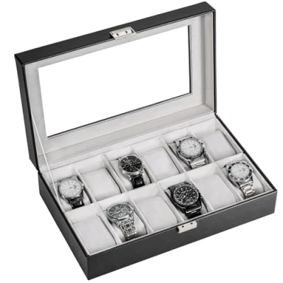 Imagen de Procase Caja de Relojes con 12 Compartimentos, Guarda Reloj Tapa Cristal y Cojín Extraíble Organizador para Hombres Mujeres Negro