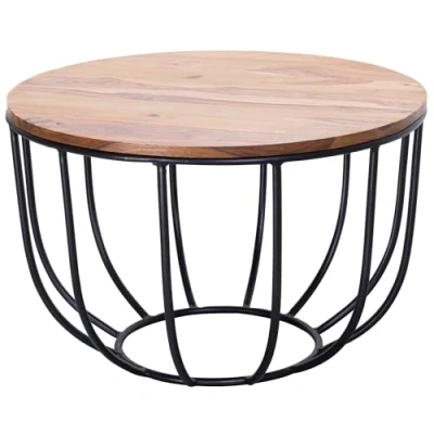 Imagen de FineBuy Mesa de Centro Industrial Redonda 60x60x39 cm Madera Maciza Sheesham y Metal Auxiliar para Salón Mesita Café Pequeña Sofá