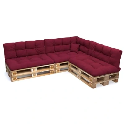 Imagen de POKAR Juego de cojines aconchadas 8 piezas para Europalés: 3x Asiento 120x80cm +3x Respaldo 120x40cm + 1x 60x40cm Lateral cojín decorativo 40x40cm, sofá paletas, sin palés, Rojo Oscuro
