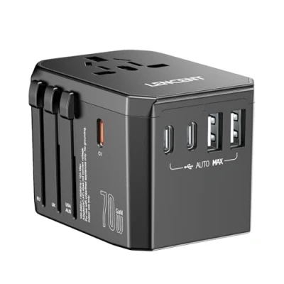 Imagen de LENCENT Adaptador Enchufe Universal GAN 75W, Cargador Internacional con 2 QC USB A y 3 Tipo C PD 3.0 Carga Rápida, de Viaje para Móviles, Tabletas, Portátiles, USA/UK/EU/AUS, A/C/G/I