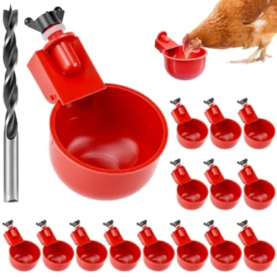 Imagen de QWORK® Set de 16 Bebederos automáticos para Pollos con Taladro Especial dispensador Agua Aves Corral Hecho plástico Acero Inoxidable.