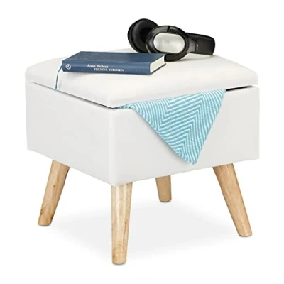 Imagen de Relaxdays Taburete Bajo, Puff Asiento Almacenaje, Baúl Almacenamiento, 1 Ud, Madera Tela, 40 x cm, Blanco, Tablero de Fibras